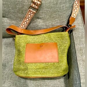 Green & Brown Raffia Straw Crochet Shoulder Guitar Strap Crossbody Handbag